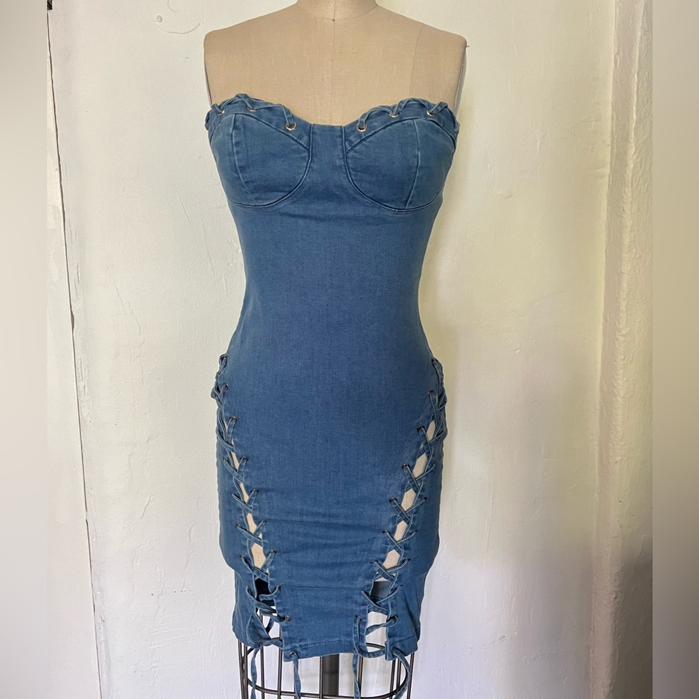 Fashion Nova stretchy denim body on laceup laced seduction bustier dress